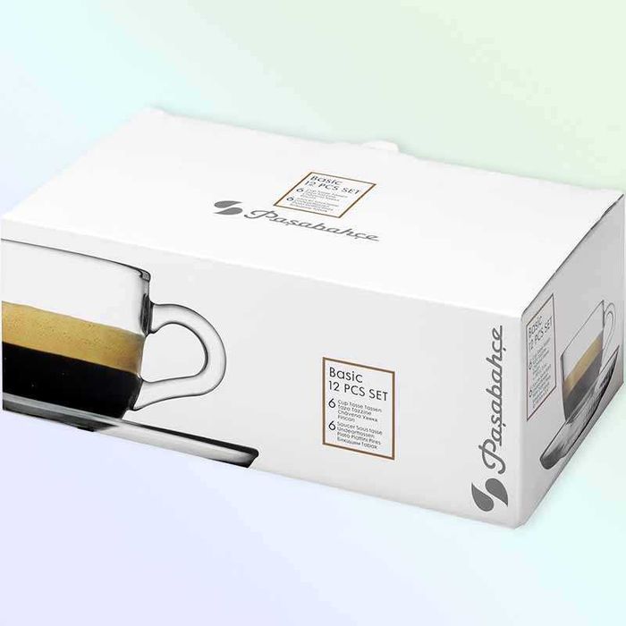 Чаша с чинийка за кафе 90 мл Basic Pasabahce, 6 чаши и 6 чинийки