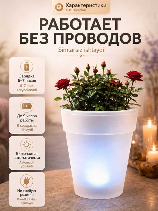 Кашпо горшок для цветов с LED-подсветкой, авто-включение 0,9л, 2шт
