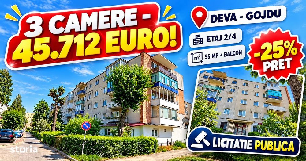 Deva - Gojdu | 3 Camere, Etaj 2/4, 55 Mp | Licitatie