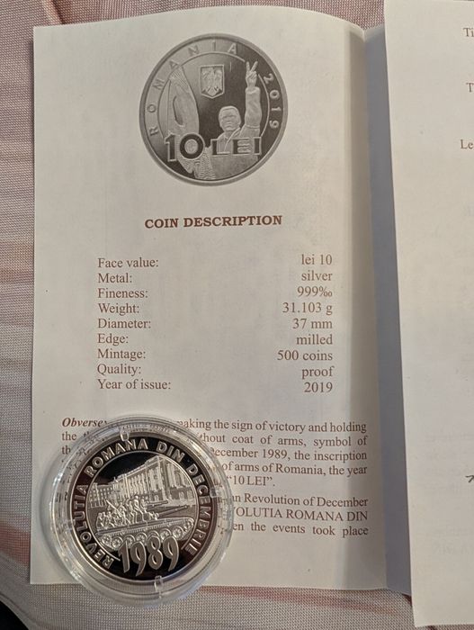 Monedă argint BNR 10 lei 2019 - 30 de ani de la Revoluția din 1989