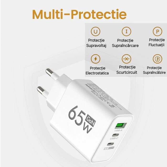 Încărcător GaN 65W. 2UsbC+1Usb. Fastcharge. Compatibil Android/Iphone
