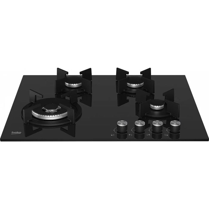 Plita incorporabila BEKO pe Gaz, sticlă neagră. 4 arzatoare, Wok,