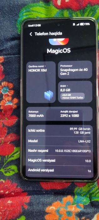 Honor x8d 8+8/128