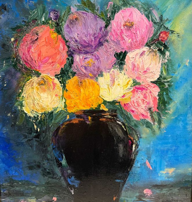 Pictura noua, tablou superb -Bujori in vas negru-ulei,pensula si cutit