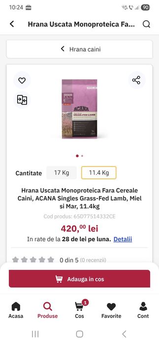 Vand 8kg mancare de câini premium Acana miel
