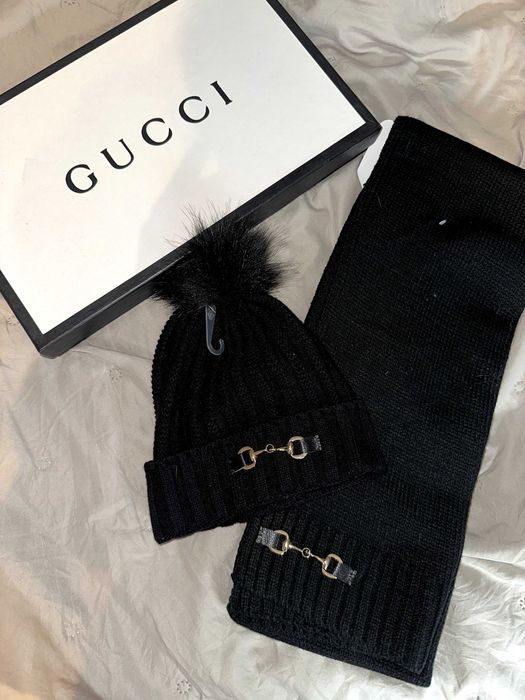 черен шал черна шапка сет комплект гучи плетени унисекс gucci нови