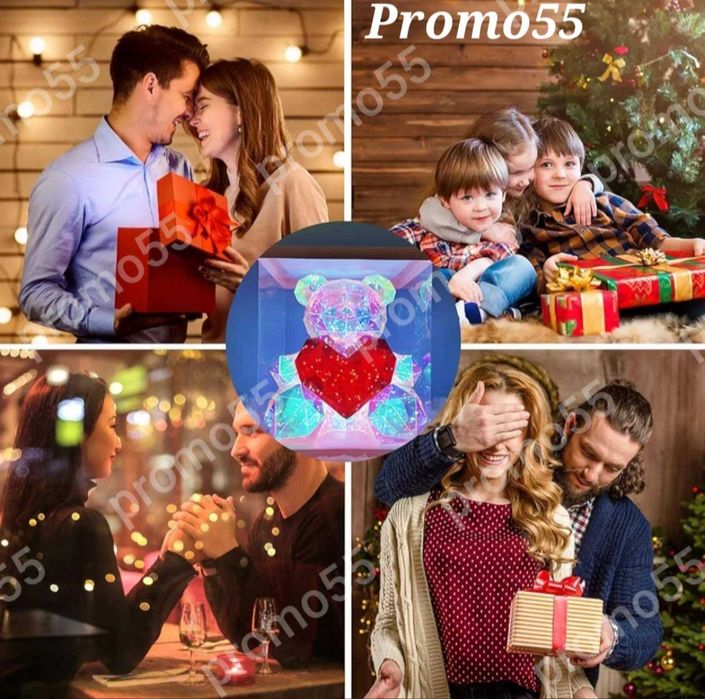 Светещо 3D Led Мече със Сърце в Луксозна Кутия с Панделка