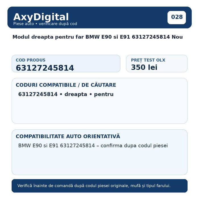 Modul dreapta pentru far BMW E90 si E91 63127245814 Nou