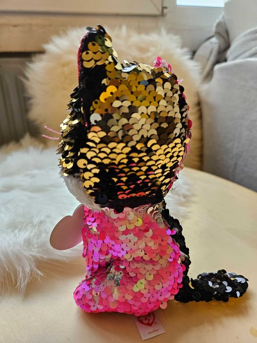 Jucarie de plus Pisica Malibu Ty, cu paiete interschimbabile, 15 cm,