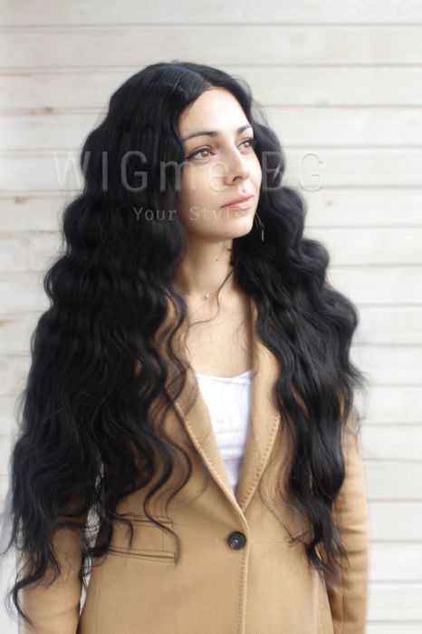 Дълга черна къдрава лейс фронт перука Роберта
