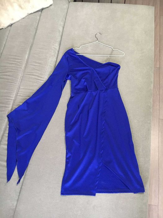 rochie albastra cu o singura maneca decupata, parte peste parte, xs/s