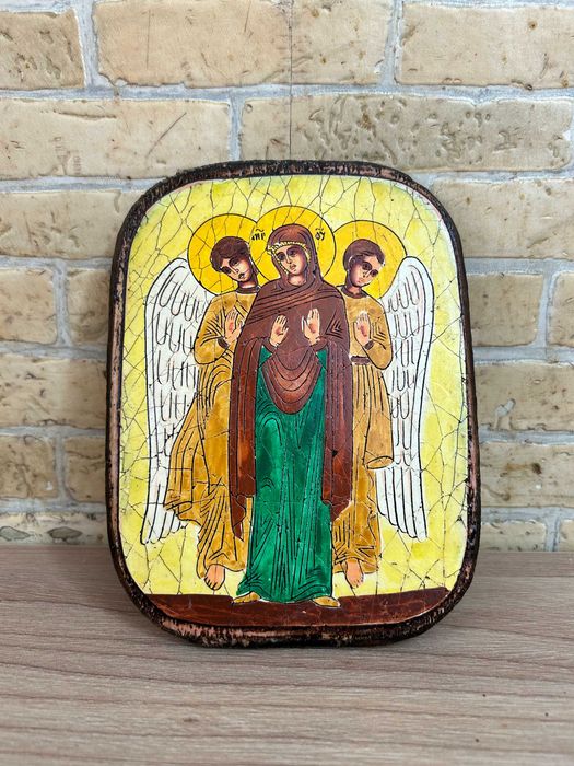 Icoană Maica Domnului cu Arhanghelii, pictată manual pe lemn – Efes - Stare Foarte Buna