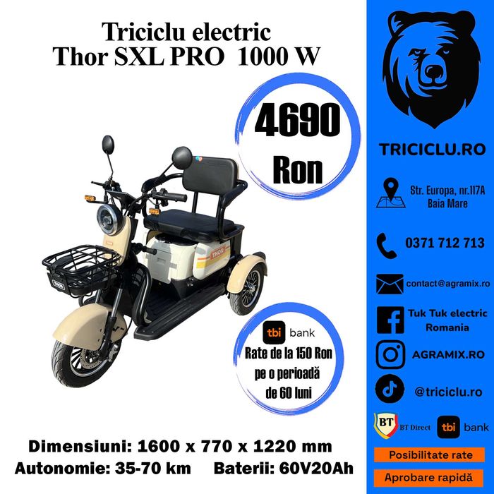 Triciclu electric THOR SXL PRO 1000 W 60V 20Ah FARA PERMIS PRODUS NOU