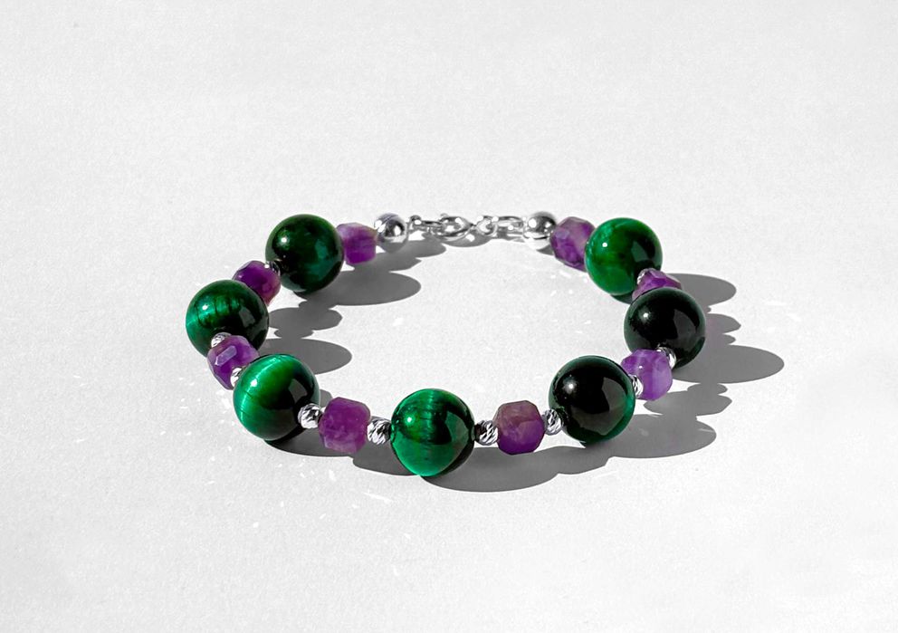 Сребърна гривна от естествени мъниста камъни и перли - ахат аметист