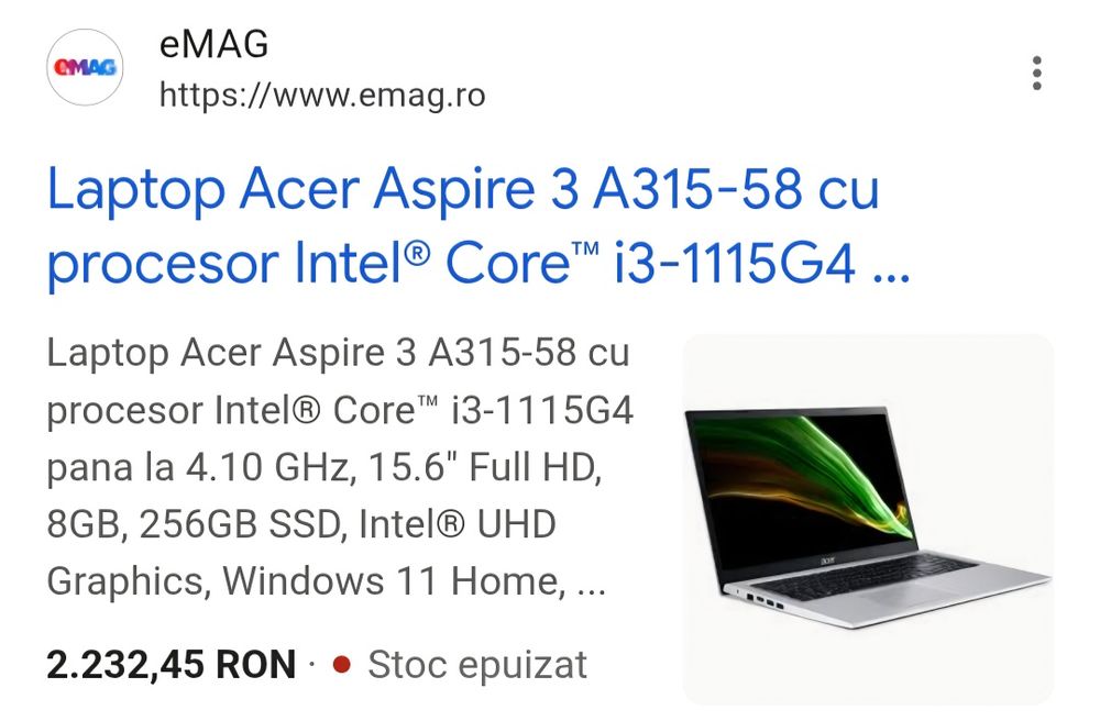 Laptop Acer Aspire 3 A 315- 58 Nou- nefolosit