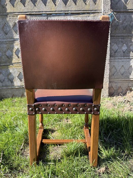 Scaun vintage birou din lemn masiv si piele naturala