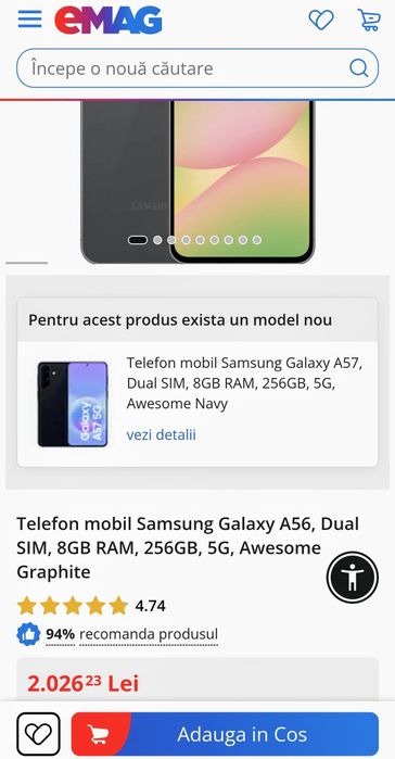 SAMSUNG A56 5G Awesome Graphite Duos 8/256 GB ca nou, fullbox + cadou!