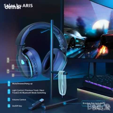 Безжични слушалки Gvyugke за игри, 2,4 GHz, черно синьо