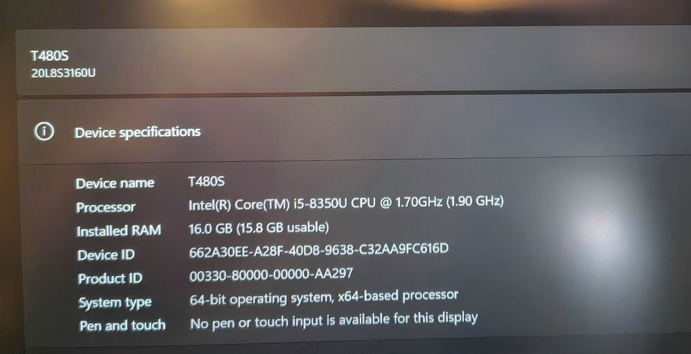 Lenovo Thinkpad T480S i5-8350 16Gb