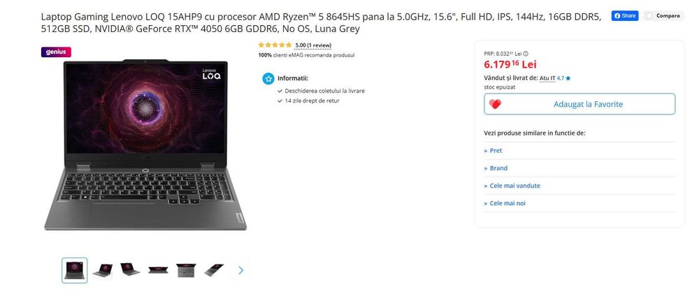 Laptop Gaming Lenovo LOQ 15AHP9 Ryzen 5 8645HS,16GB DDR5,512GB,RTX4050