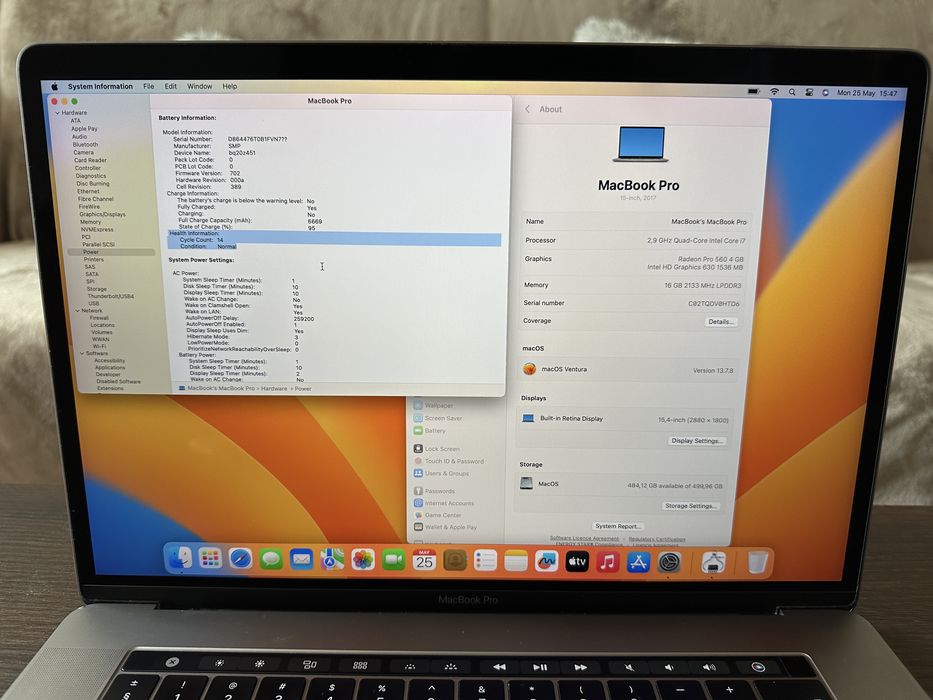 MacBook Pro 2017 Touchbar (15", Retina, A1707) 500 GB SSD, Intel i7, AMD Radeon 4 GB, 16 GB RAM