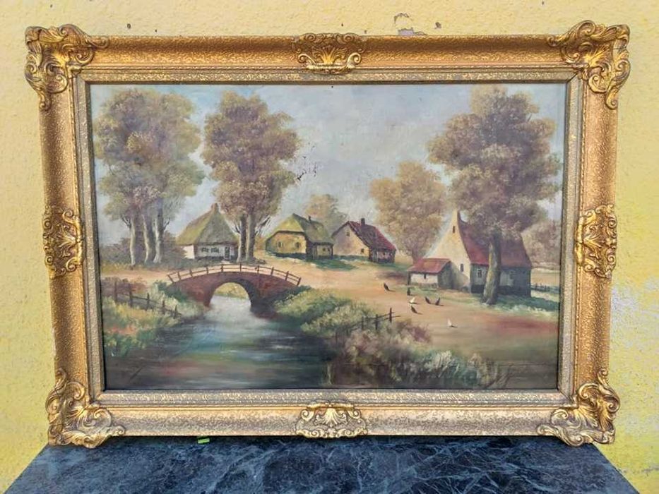 Tablou pictura pe panza semnat rama din lemn deosebita vintage