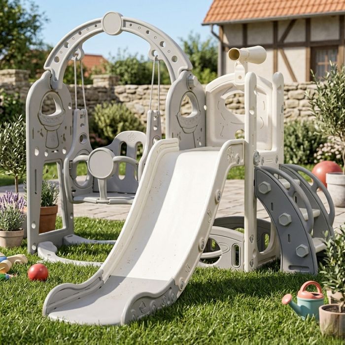 Детска сива пързалка с люлка 3 в 1 – за дома и двора, стабилна и безопасна конструкция