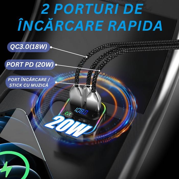 Modulator FM Bricheta NETSTAT® Bluetooth 5.3 QC3.0+PD20W RGB Negru