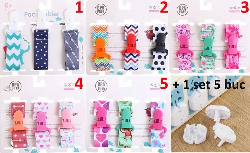 Set 3 snururi cu clema Suzeta + 5 buc capace priza. Noi ambalate!!