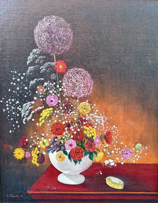 Tablou vechi - flori in vaza alba - semnat R. Hosatte 90