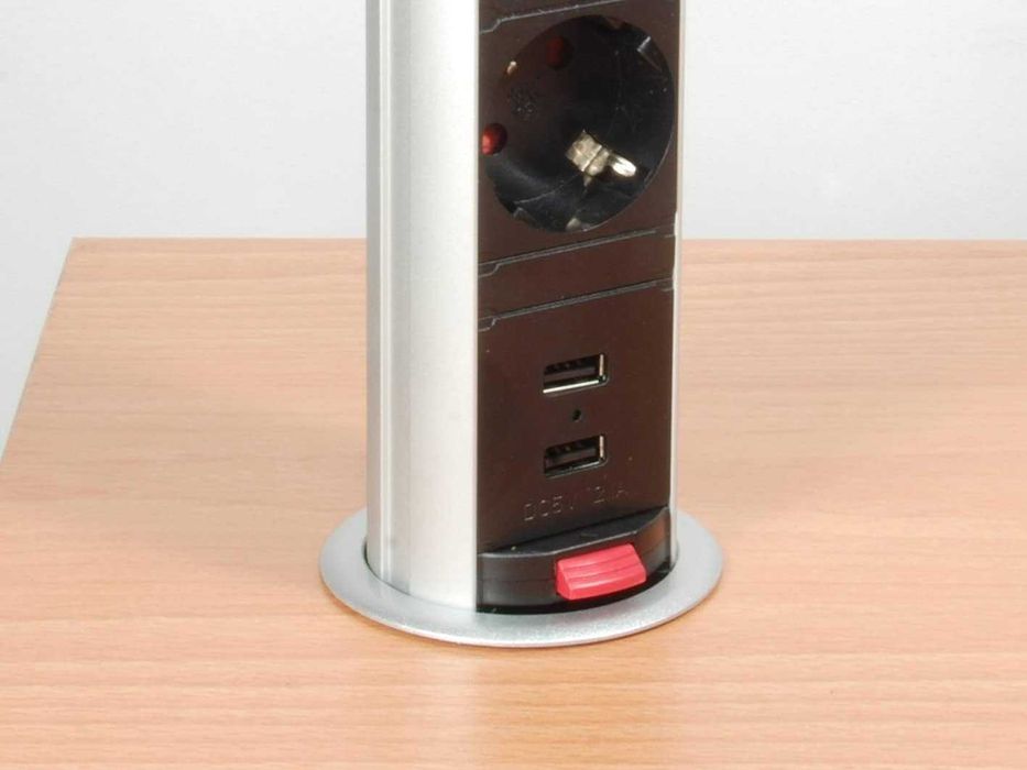 разклонител за плот, вграждане, потъващ с 3 гнезда, 2 USB, Германия