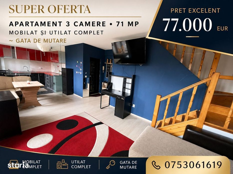 SUPER OFERTA - Apartament 3 camere 71 mp MOBILAT COMPLET
