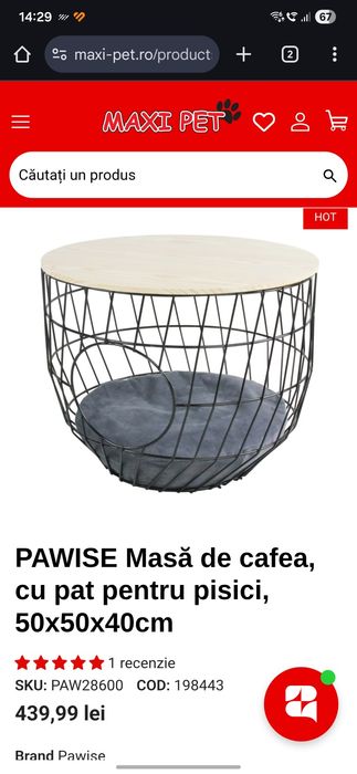 Masa de cafea, cu pat pentru pisici.