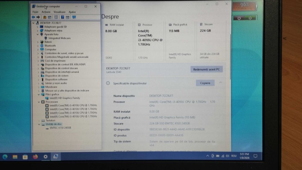 Dell Latitude, 13,3 inch, Core I3, 8GB RAM, SSD 240GB, baterie 2-3 ore