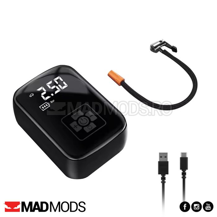 Compresor auto cu acumulator, 150 PSI, Afisaj digital, Lanterna, USB C