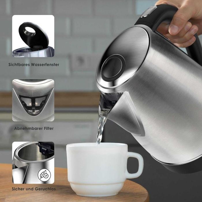 Електрическа кана KitchenBoss от неръждаема стомана 1.7 л: Електрическа кана 2100 W, с подвижен филтър, индикатор за нивото на водата