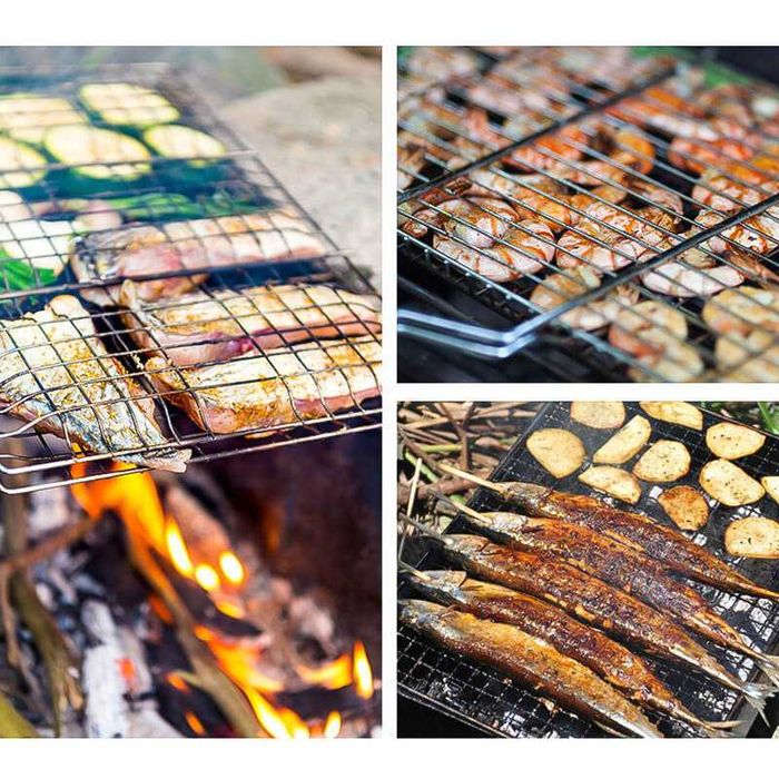 Преносима скара за печене на жар, 35x25см, с дървена дръжка 25см