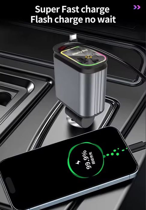 Incarcator Auto 4 in 1 Cu Cabluri Retractabile USB C Proectie Cer Inst