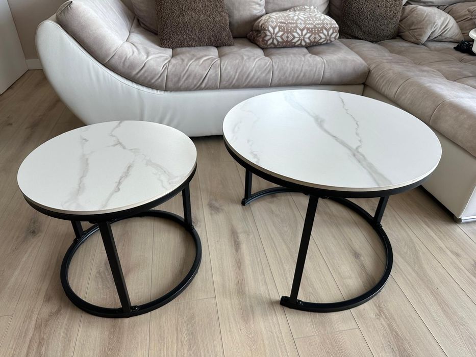 Set 2 masute de cafea din metal si marmura artificiala, 60/45 cm, albe