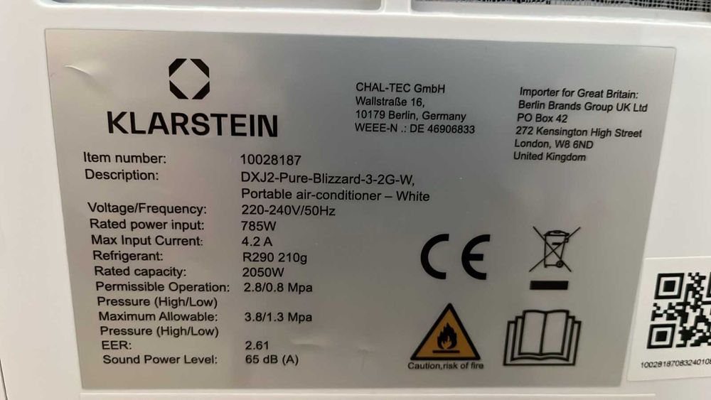Мобилен климатик Klarstein Kraftwerk (7000 BTU / 2.1 kW) за охлаждане