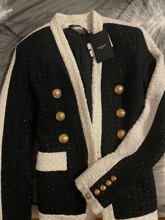 Sacou damă tweed negru cu nasturi aurii Balmain, mărimea 34/XS