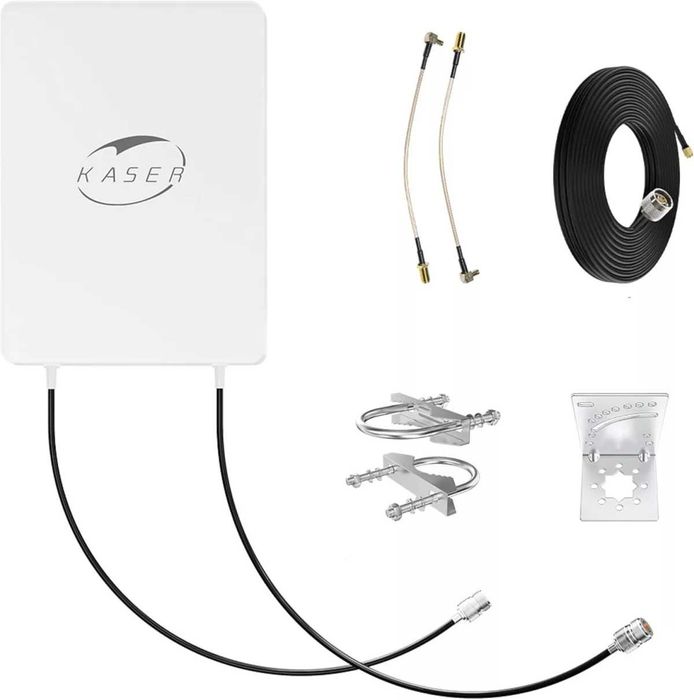Antena externa LTE 5G/4G MIMO KASER banda N78, 3300-3800 MHz, cu castig de 15dBi, cablu de 10m cu pierderi reduse, adaptor SMA/TS9, pentru routere 5G