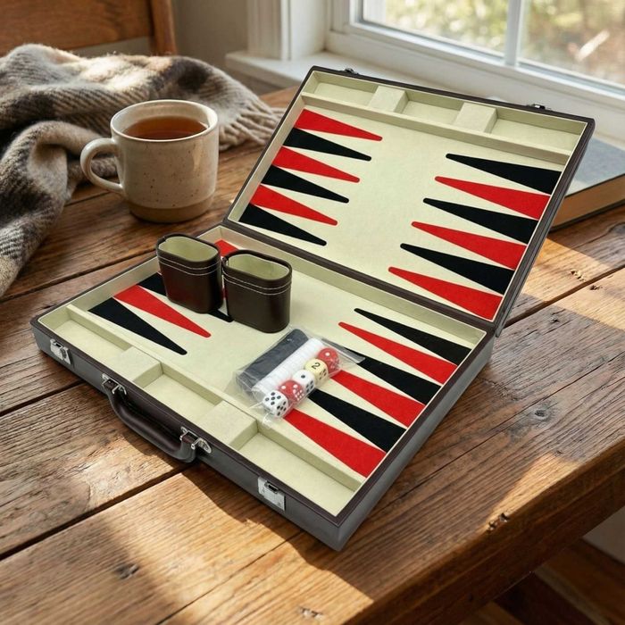 Joc table Backgammon in servieta din piele sintetica cu zaruri piese