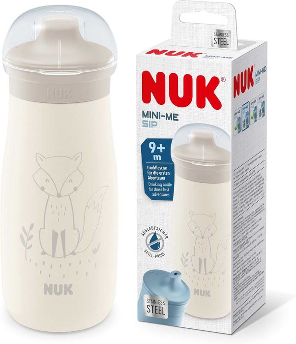 NUK Mini-Me Sip – Детска бутилка за вода, 300 мл, неръждаема стомана, 9+ месеца, Beige Fox