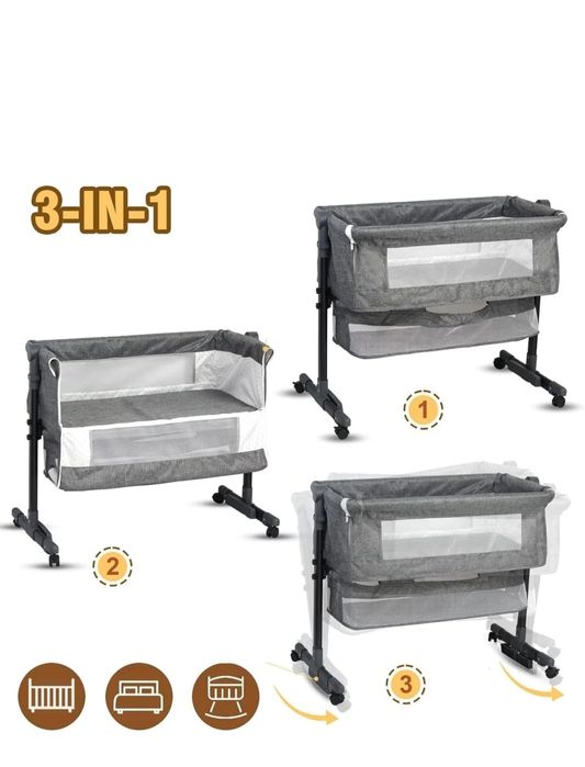 Pătuț Co-Sleeper Reglabil pentru Bebeluşi, Poliester + Metal, cu Roti și Coș