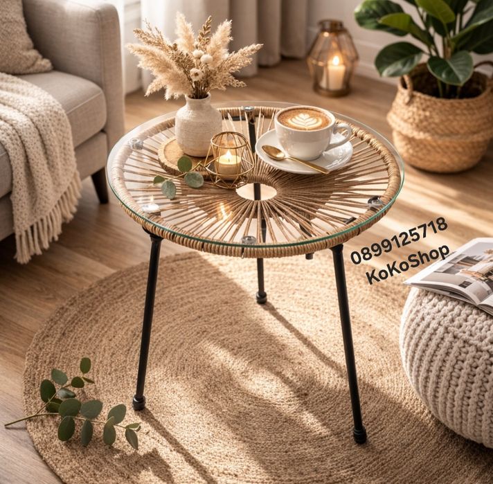 Кръгла маса от ратан със стъклен плот