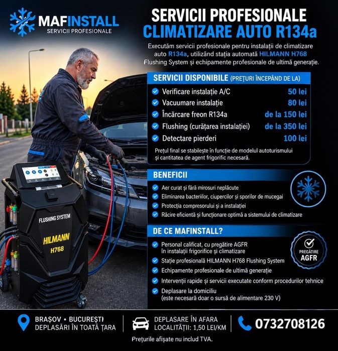 Service Climă Auto R134a | Încărcare Freon | Flushing | Brașov • București • Deplasare în țară