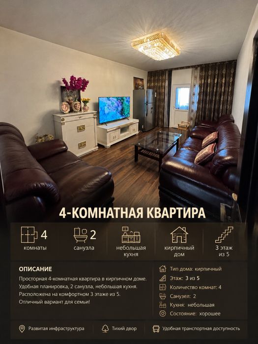 Сдается в аренду просторная 4-комнатная квартира на длительный срок