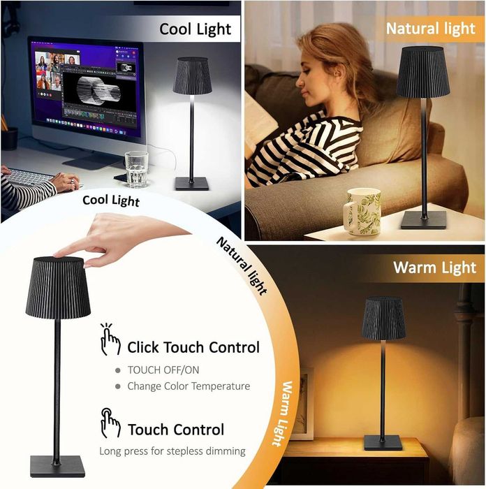 Lampa de masa led reincarcabila USB-C metalica cu touch dimabila birou