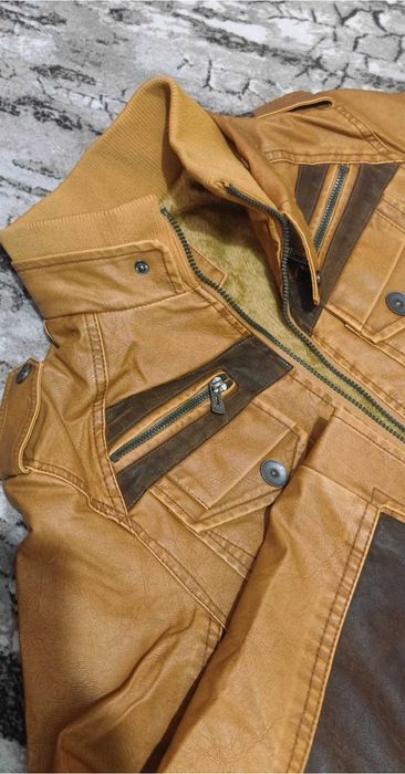 Кожено яке с качулка, жълто-кафяво, НОВО (L), Размери в описанието